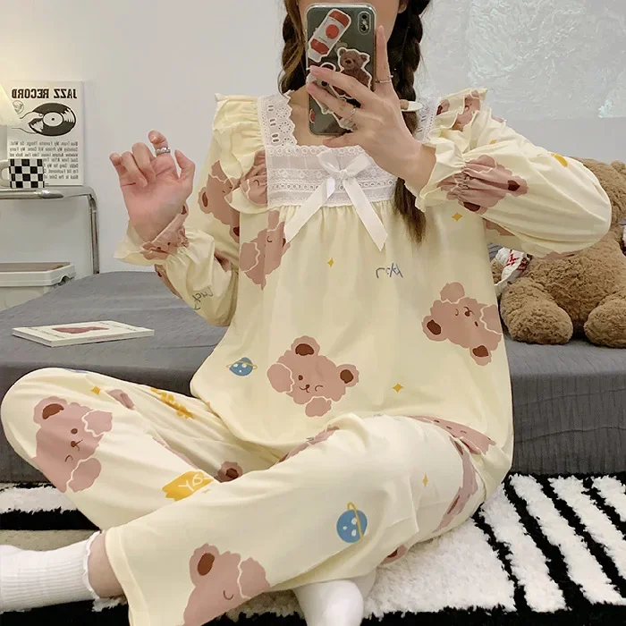 Spring and Autumn New Women's Pajamas Lace Long-sleeved Trousers Bear Print Princess Cartoon Loungewear Set Pajamas