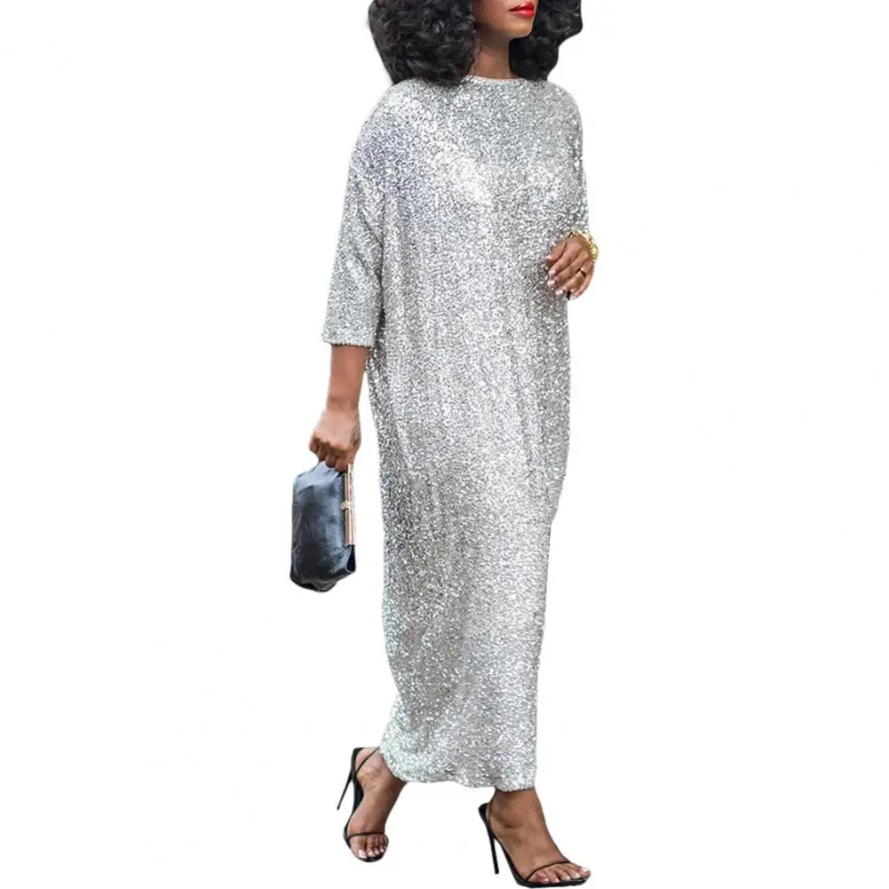 

Crew Neck Loose Fit Dress Elegant Sequin Maxi Dress with Three Quarter Sleeves Ankle Length Women's Oversized O Neck for Commute