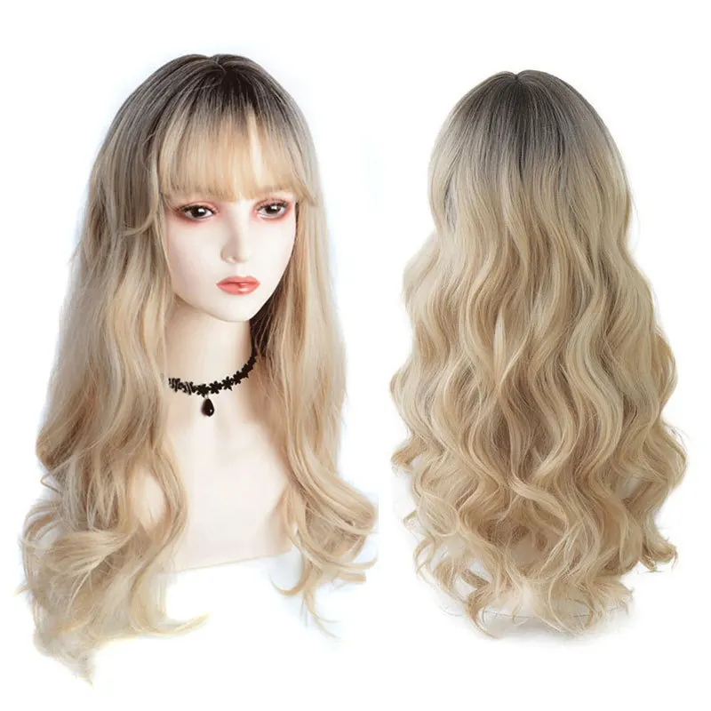 Wigs Golden Big Wave Wig for Women, European and American Style, High-Temperature Fiber, Long Curly Hair with Air Bangs, Full He