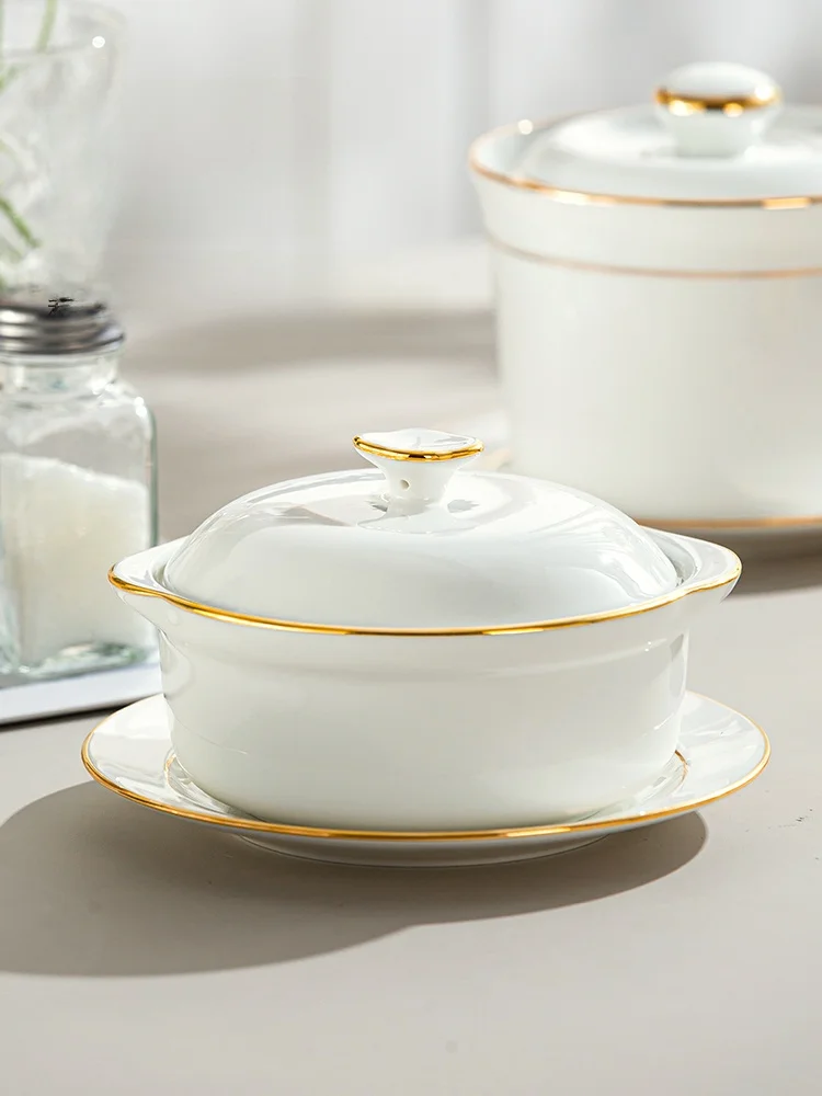 

Jingdezhen Gold Rimmed Bone China Soup Bowl St Egg Bowl with Lid Postpartum Meal Swallow's Nest Bowl Non-Scalding Hand