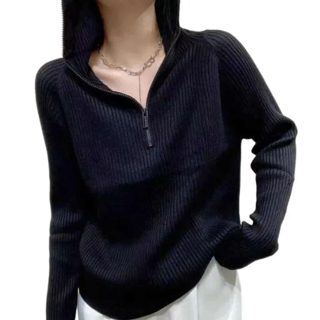 

Women's Half Open Collar Zipper Hooded Sweater Soft Elastic Loose Casual All-match Trendy Autumn Winter