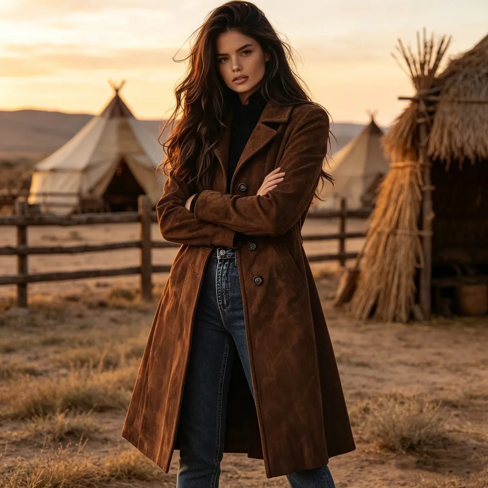 Women Autumn Winter Faux Suede Long Trench Coat Lapel Vintage Brown Long Sleeve Casual Elegant Outerwear Ladies Streetwear Overc