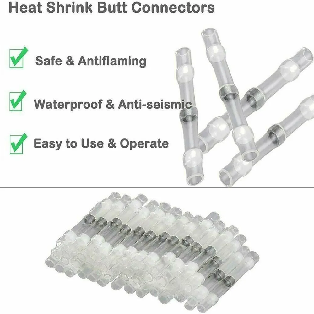 100PCS Solder Seal Wire Connectors Heat Shrink Solder Butt Connectors Kit Automotive Marine Insulated Solder Connector