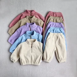 MILANCEL 2024 New Autumn Baby Sports Suit Toddler Fleece Solid Color Hoodies Suit Infant Outfit 2PCS