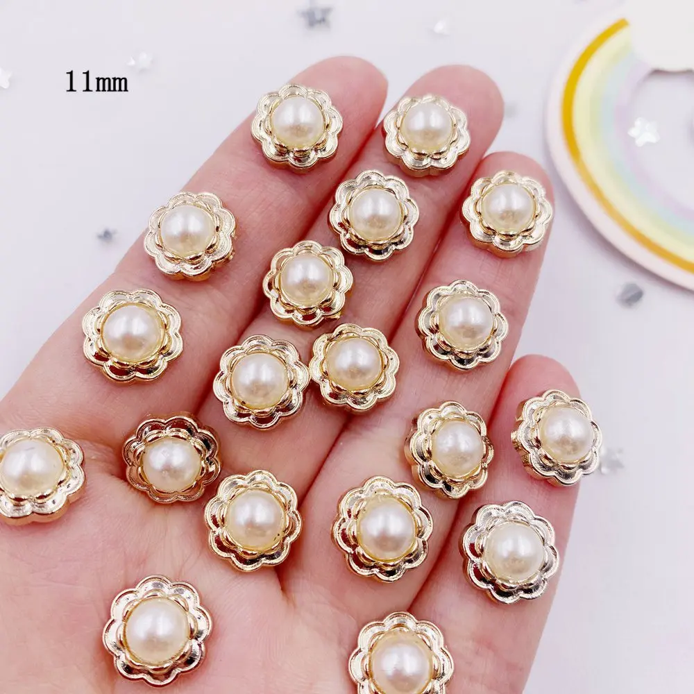 30pcs Golden Color Acrylic Flower Round Pearl Flatback Rhinestone Buttons Appliques DIY Scrapbook Ornament Craft Accessorie V021