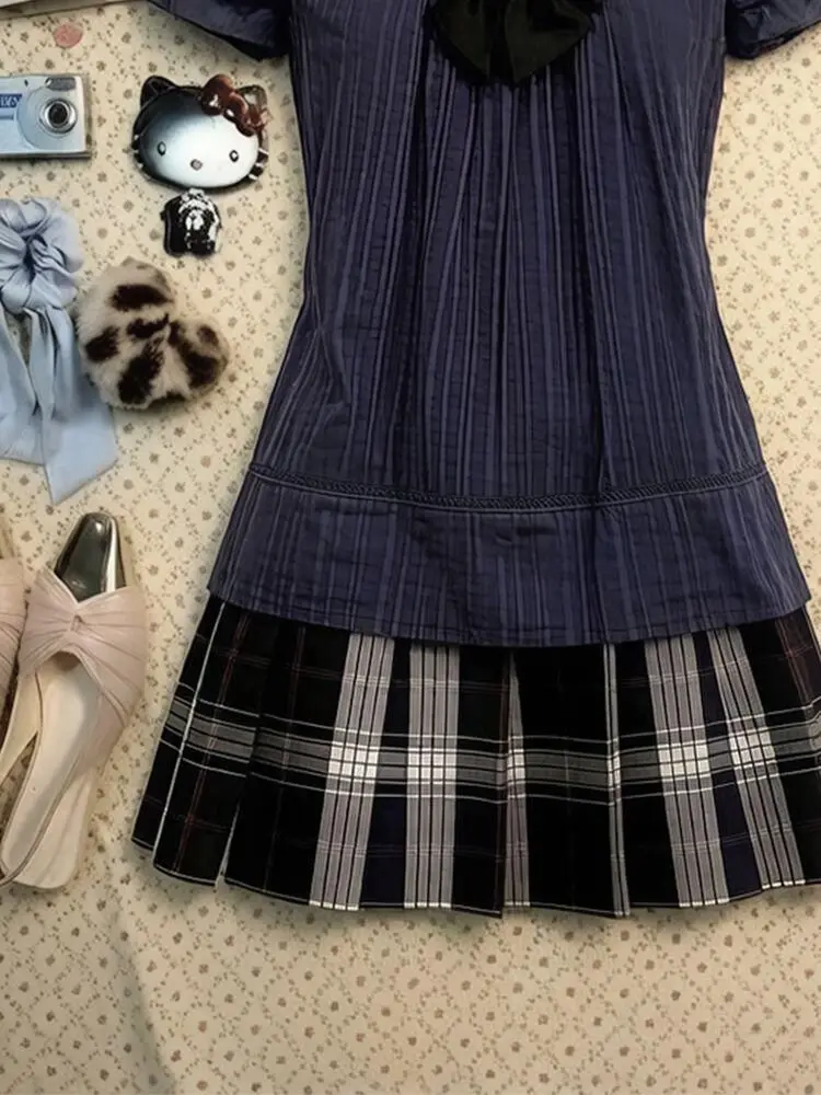 Vintage Japan Y2k Women's Casual Dresses Cute Bow Fold Tshirt Skirt 2-Piece Set Preppy Dresses 2000s Woman Clothes Dress Varsity