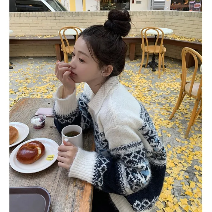 Retro koreański sweter rozpinany z dzianiny w stylu Fair Isle, damski, jesienno-zimowy, luźny sweter z kołnierzykiem typu jaet, mały rozmiar