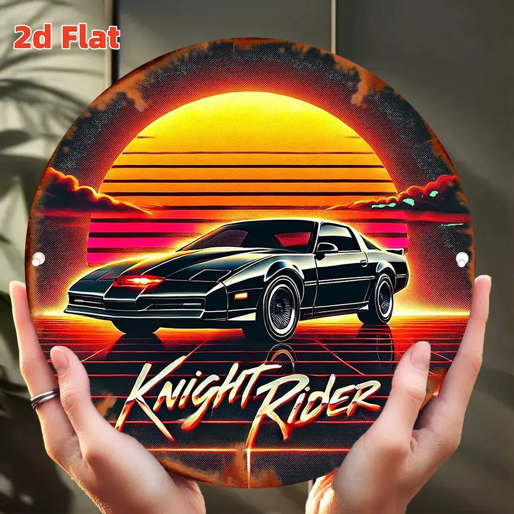 Letrero Metálico Redondo Retro Knight Rider KITT con Diseño Synthwave Sunset - Decoración de Pared con Temática de la Serie de TV de los 80 para Garaje, Cuarto de Hombre, Hogar