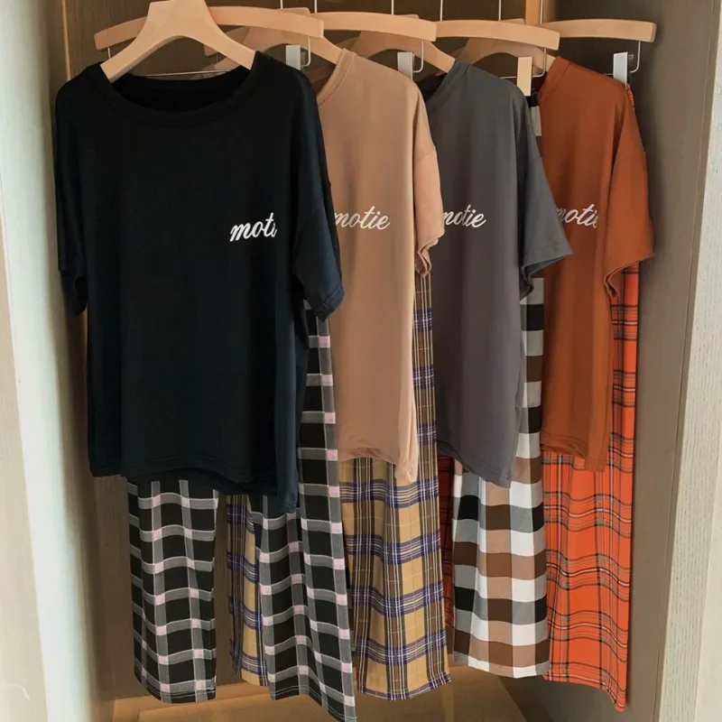 Sleepwear Women’s Solid Color Short Sleeve Checkered Pants Large Size Comfortable Breathable Pullover Top Trouser Nightwear