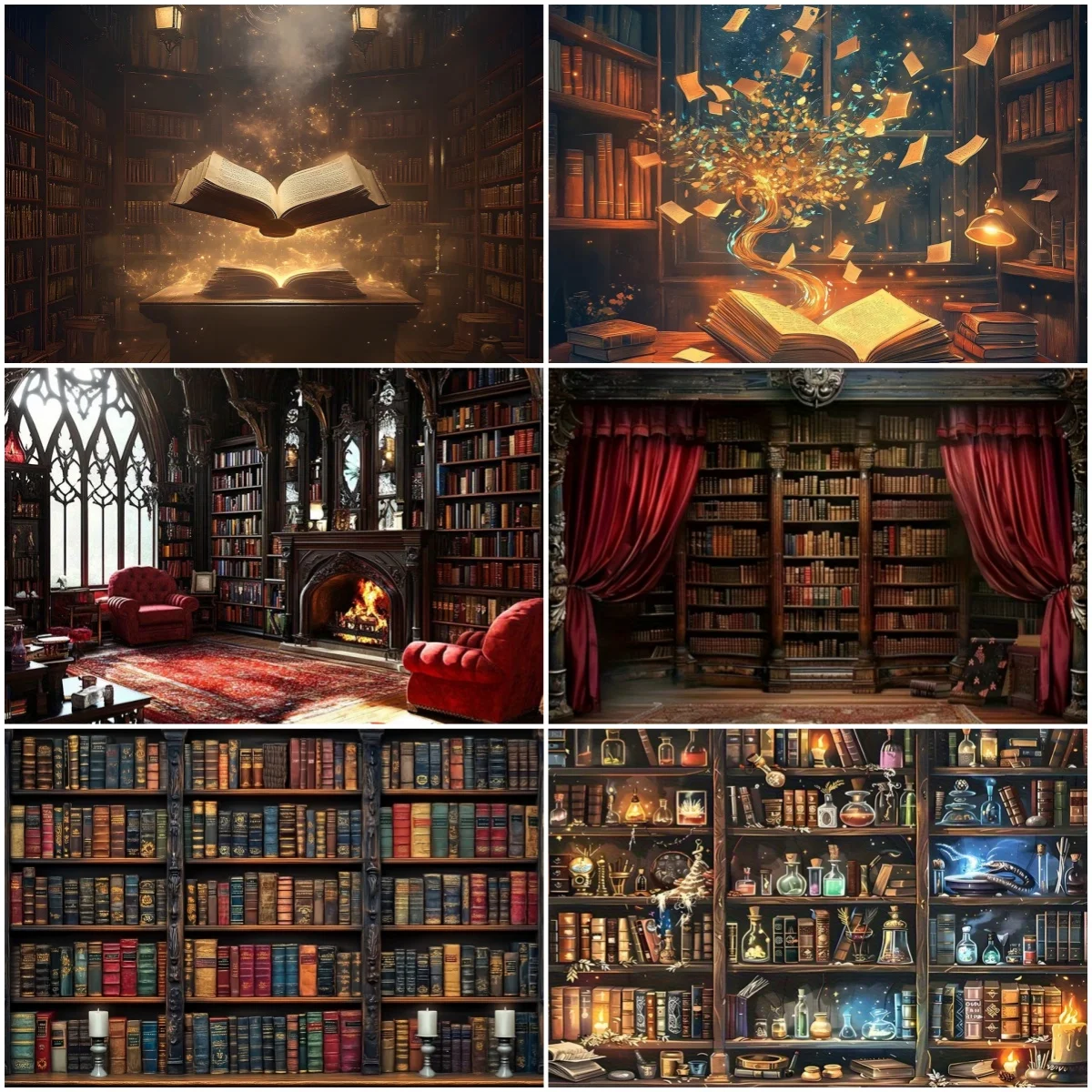 

Retro Library Theme Party Decoration Backdrop Supplies Reading Room Enchanted Forest Books Portrait Background Photography Prop