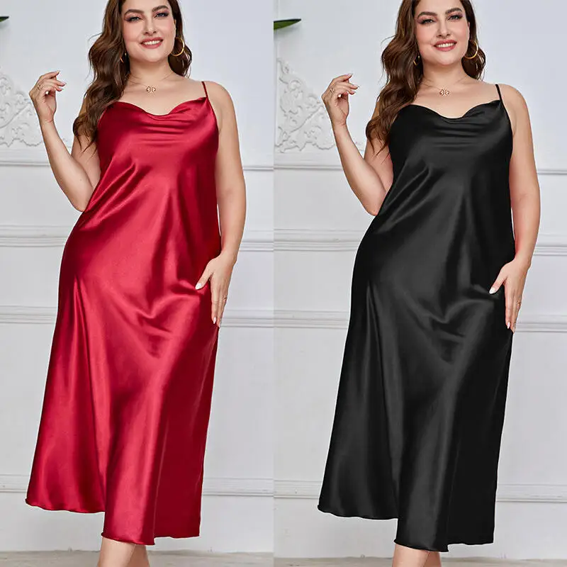 Long Nightgown Oversize 3Xl 4Xl 5Xl Sleepwear Lady Satin Home Dressing Gown Spaghetti Strap Loose Lingerie Lace Trim Nightwear