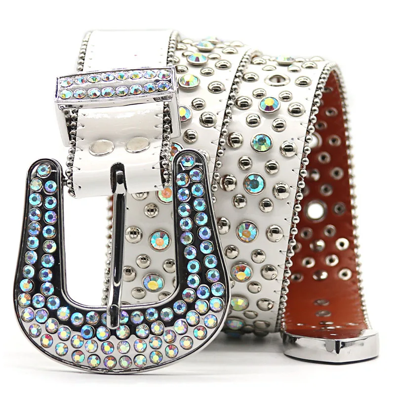 メンズカジュアルパンクヒップホップラインストーンベルトホワイトソフトレザーダイヤモンドスタッズベルトラウンドリベットウエストバンド女性デザイナーストラップオン