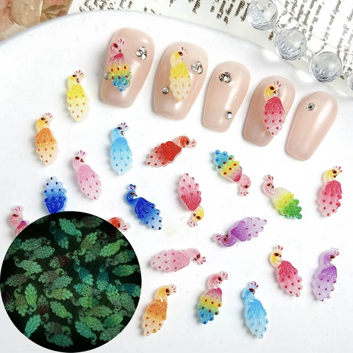 Random Mixed Cute Cartoon Luminous 10 Color Peacock Nail Art Decorations 3D Resin Colorful Peacock Nail Charms Supplies For DIY