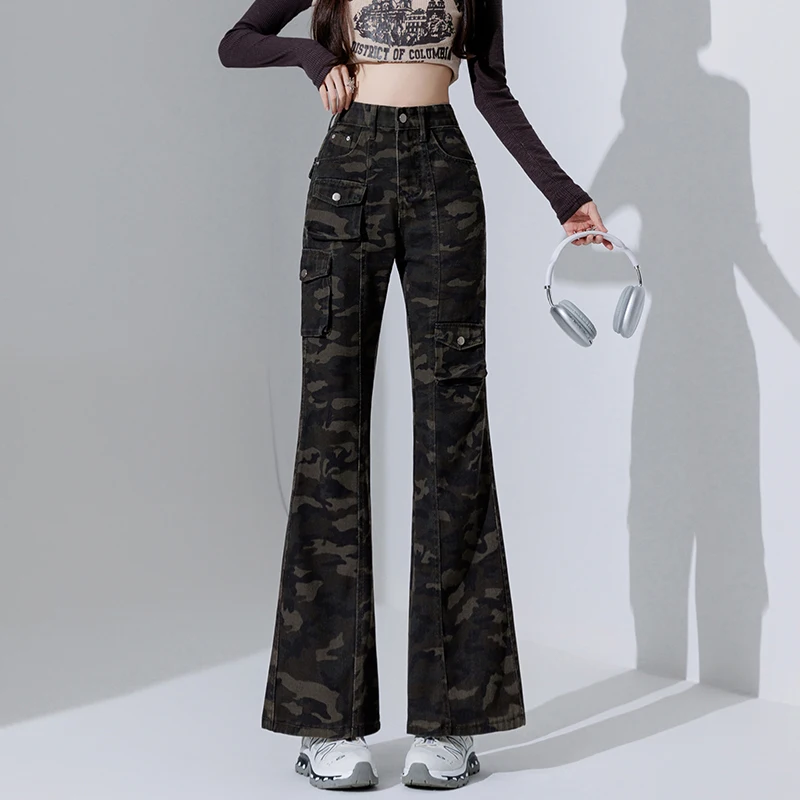 

2025 New Camouflage Denim Jeans Women's American High Waist Multi-pocket Loose Wide Leg Flared Pants