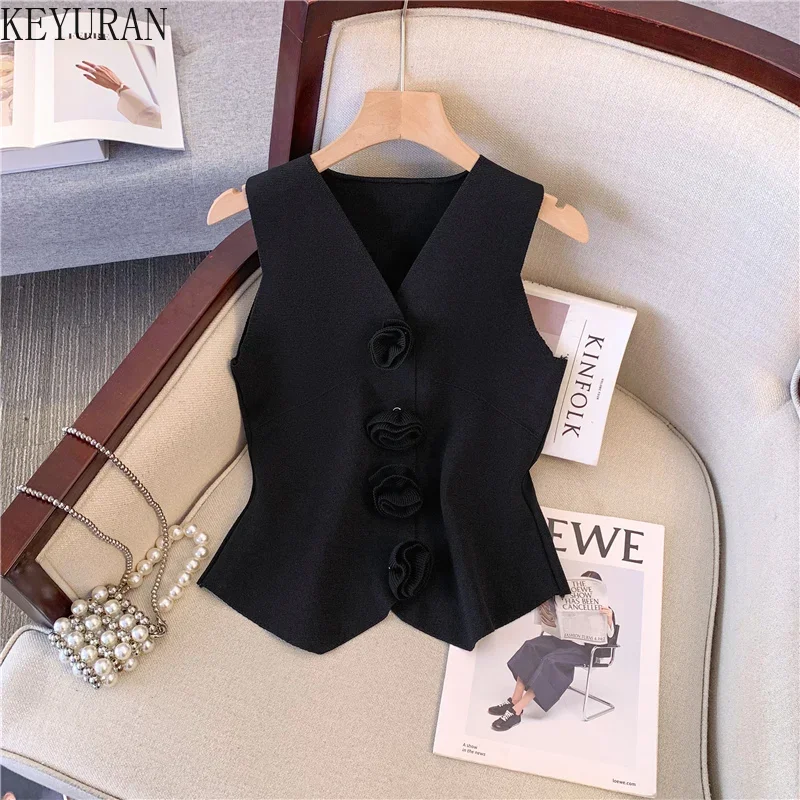 Three-dimensional Flower Ice Silk Knitted Vest for Women\'s Summer Chic V-neck Pullover Sleeveless Sweater Vest Knitwear Crop Top