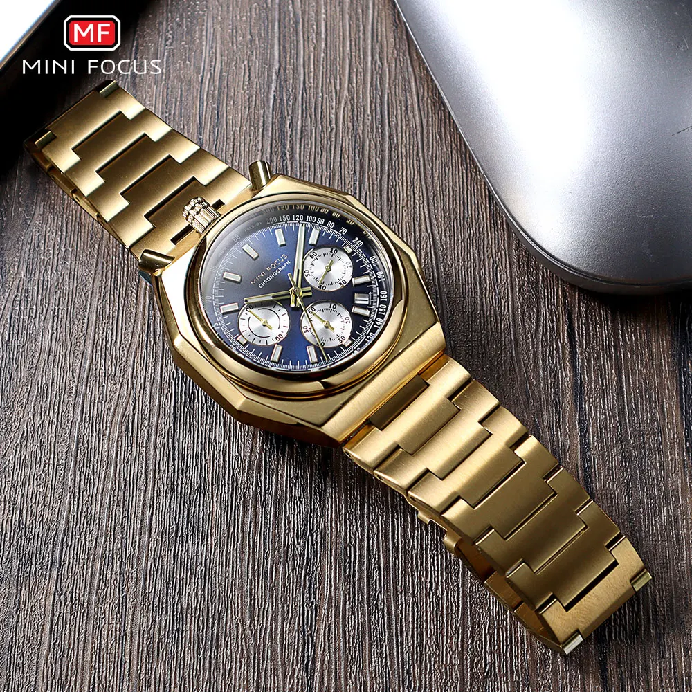 MINI FOCUS Gold Toned Stainless Steel Wristwatch for Men Fashion Waterproof Chronograph Quartz Watch with Luminous Hands 0601.04