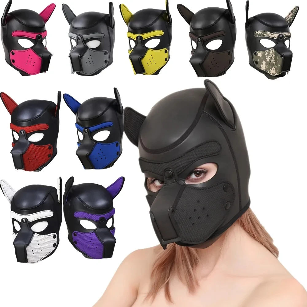 Hot Fashion Dog Mask Puppy Cosplay Full Head per imbottito Latex Rubber Role Play con orecchie 10 colori