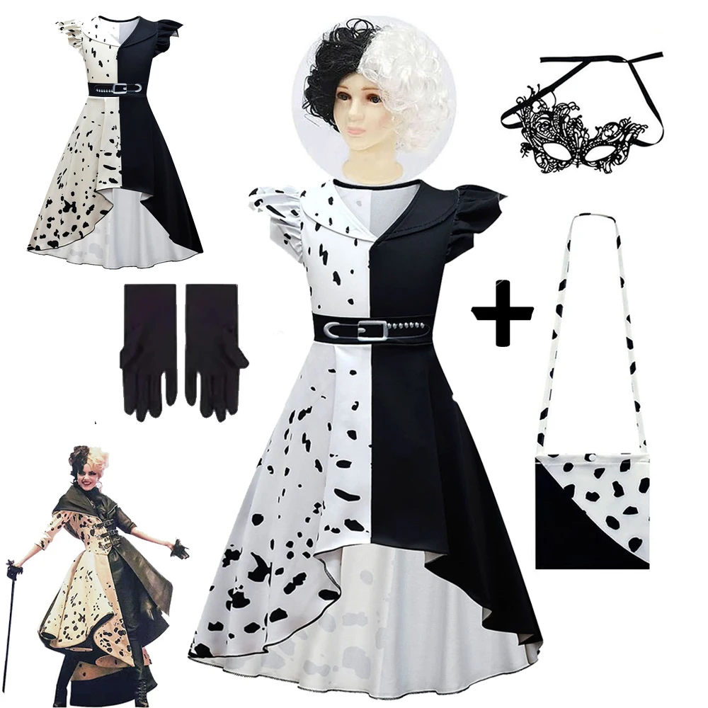 Disfraz de Cruella Deville para niñas, película para niños 101, vestido dálmata negro con bolsa, trajes con peluca, disfraz de fiesta de Halloween para niñas