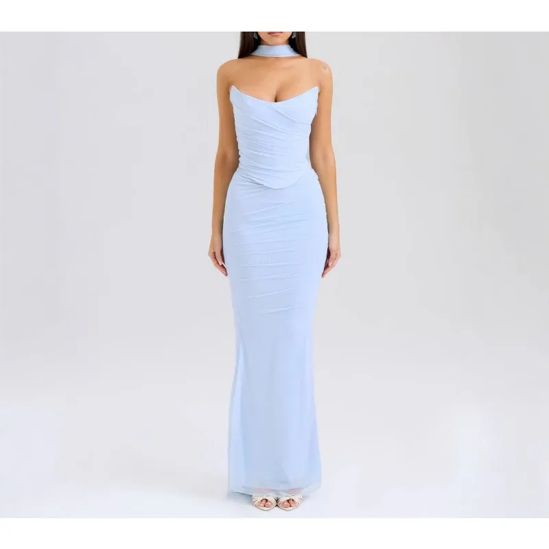 XIZOU 2025 우아한 투피스 드레스 세트, 여성 패션 매칭 세트, 섹시 크롭탑과 롱 세트 캐주얼 섹시 드레스