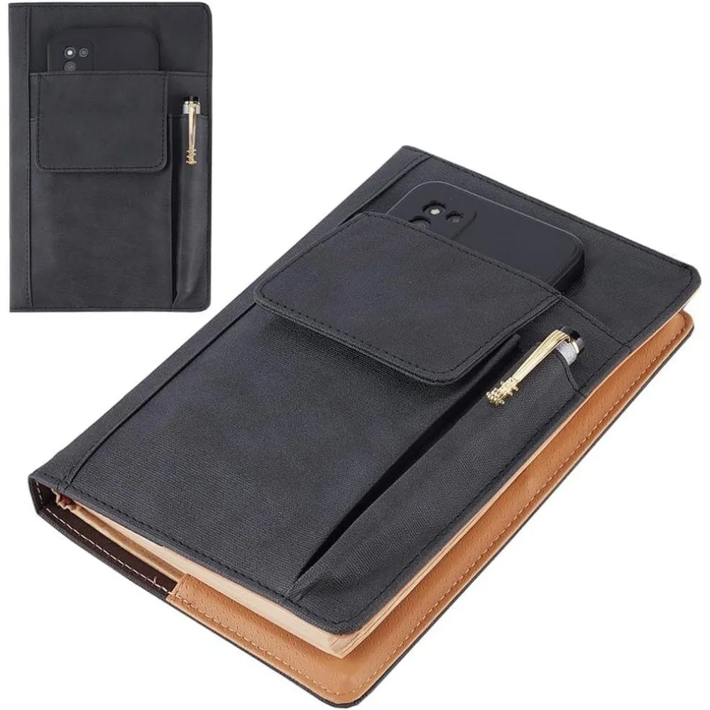 Book Cover PU Leather Waterproof Book Sleeve Black Reusable Book Protector for Paperbacks Notebook Wraps with Pen Pockets