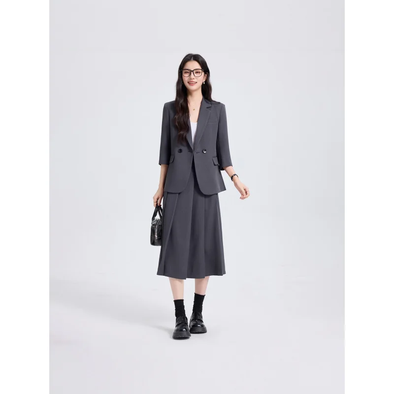 Navy Blue Women's Suit Set for Spring and Autumn, New Professional Commuting Interview Formal Wear, Three-Quarter Sleeve Two-Pie