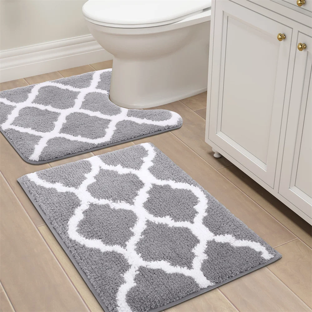 Homaxy Bathroom Rugs Set 2 Pc Microfiber Shower Bath Mat U-Shaped Toilet Rug Machine Wash Dry Non Slip Absorbent Shaggy Bath Rug