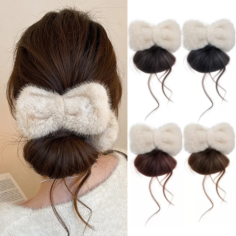 Wig Fixing Clip for Women's Simulated Fluffy Bun Fake Hair Clip, Paired with Cute Plush Hair Clip and Synthetic Wig Package