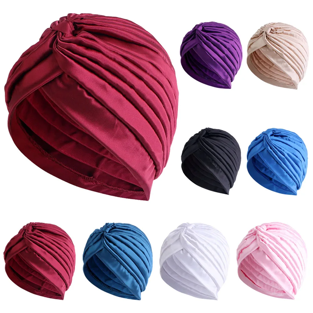 Solid Color Satin Sleep Cap Women Pleated Chemo Caps Muslim Hijab Turban Indian Nightcap Sleeping Hair Loss Headscarf Bonnet Hat