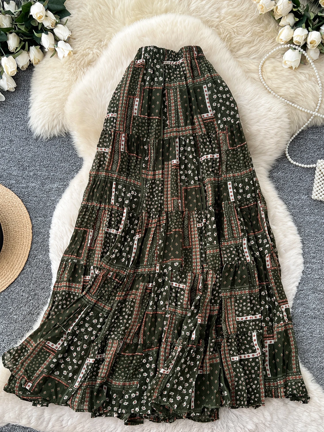 Retro Ethnic Print A-Line Midi Skirt Women's Autumn High Waist Slimming Pleated Commute Design Sensation Skirts