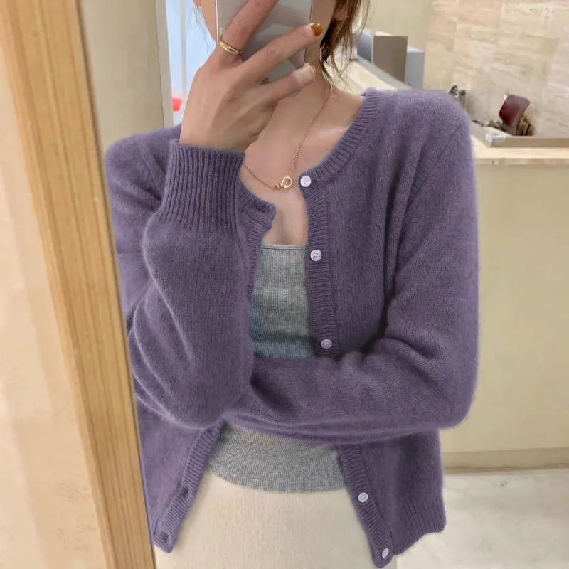 New Round Neck Purple Short Knitted Small Cardigan Loose Outer Sweater Jacket Top for Women