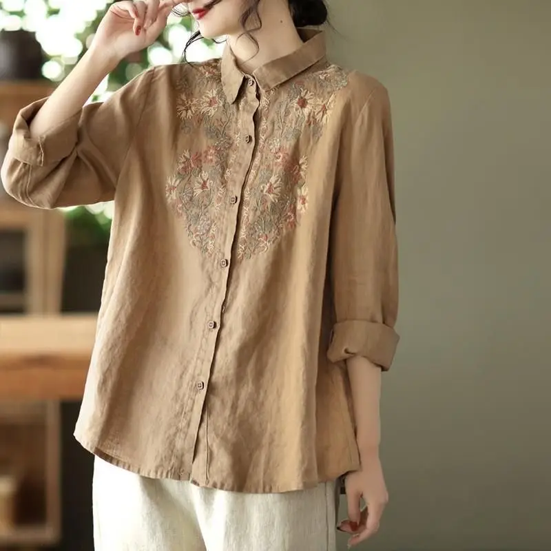 

Elegant Women's Long Sleeve Shirt Jacket Loose Fit Spring Autumn New Style Casual Commute Style Embroidered Button up Coat