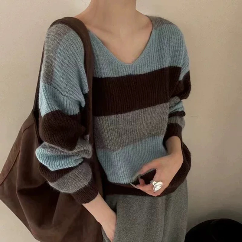 

Cozy Striped Knit Pullover Sweater for Women V-neck Long Sleeve Jumper Autumn Winter Teen-girl Casual Daily Outfit