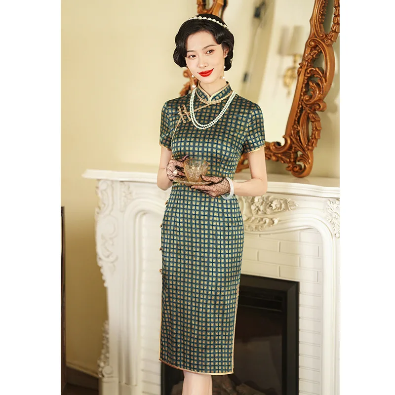 

High Quality Retro Green Real Silk Short Cheongsam Qipao Dress Daily High-Grade Plaid Summer Women