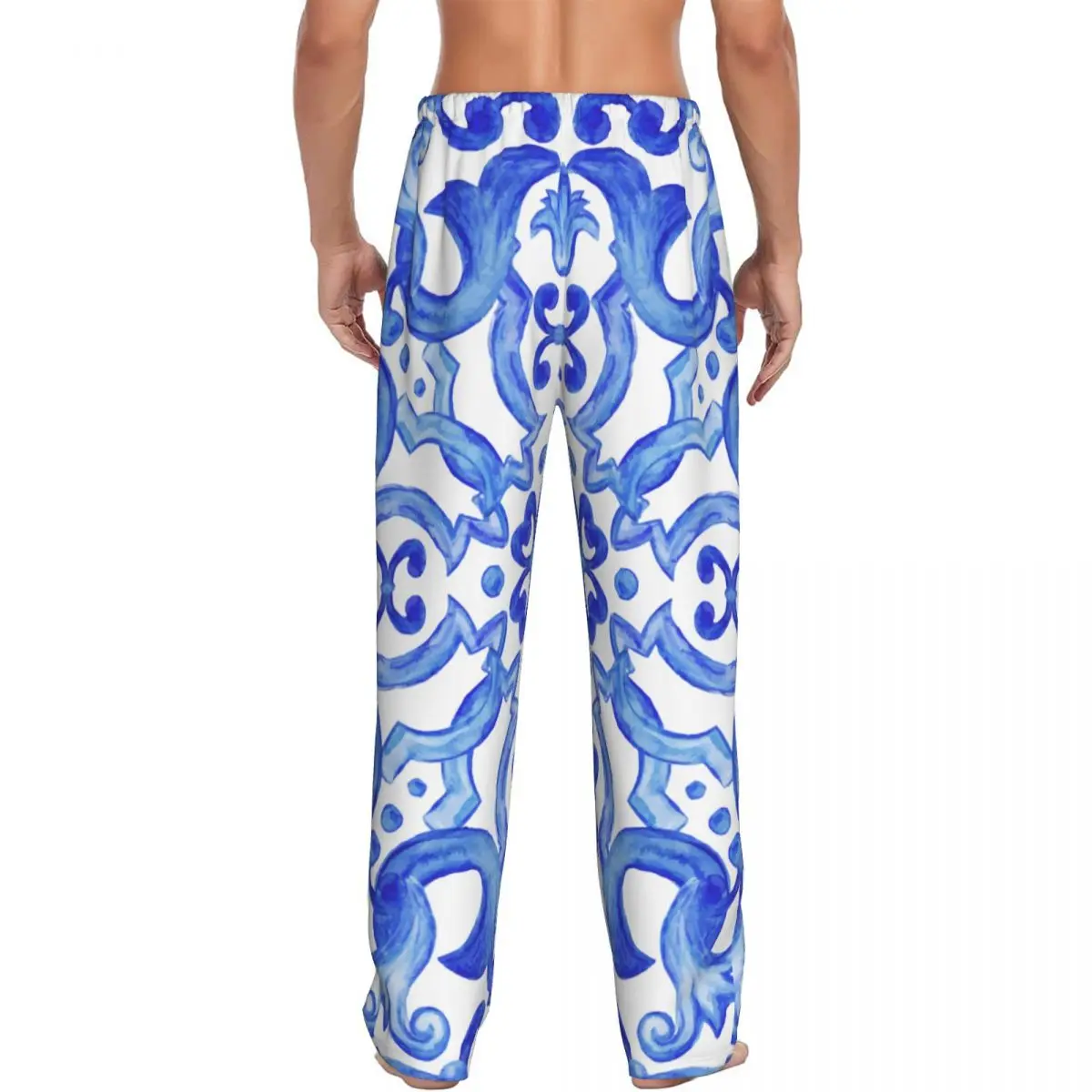 Calças de pijama estampadas personalizadas masculinas, azulejo oriental em tons de pijamas de cor azul índigo, fundo de lounge com bolsos