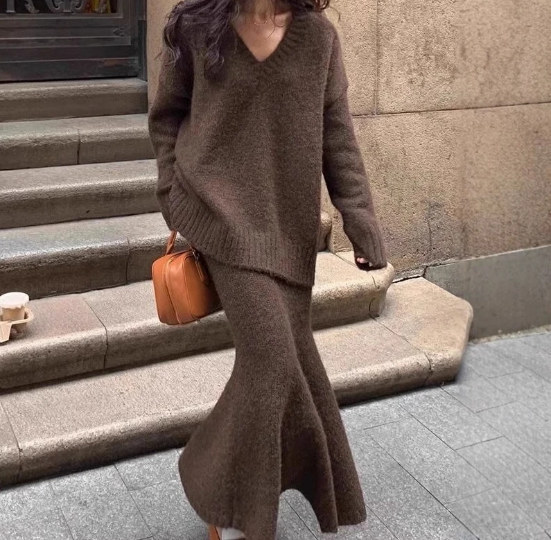 Otoño-Invierno estilo perezoso jersey con cuello en V Top de lana de punto y falda conjunto de dos piezas de moda