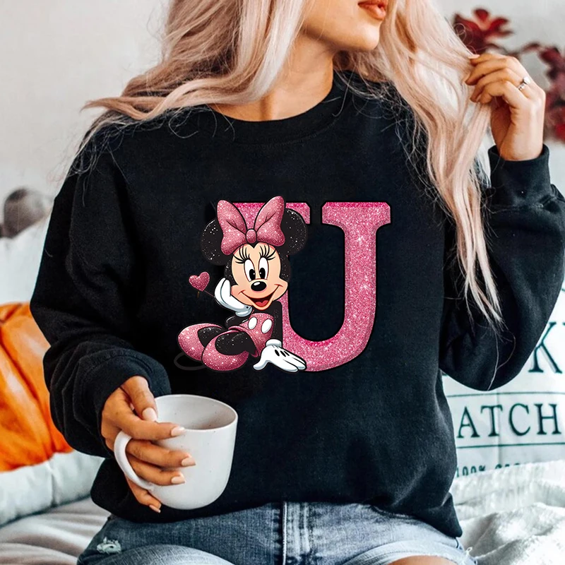 Pullovers Disney Minnie Alphabet A-Z Fashion Sweatshirts Hoodies Clothes Long Sleeves Clothing Autumn Ladies Top Black Clothing