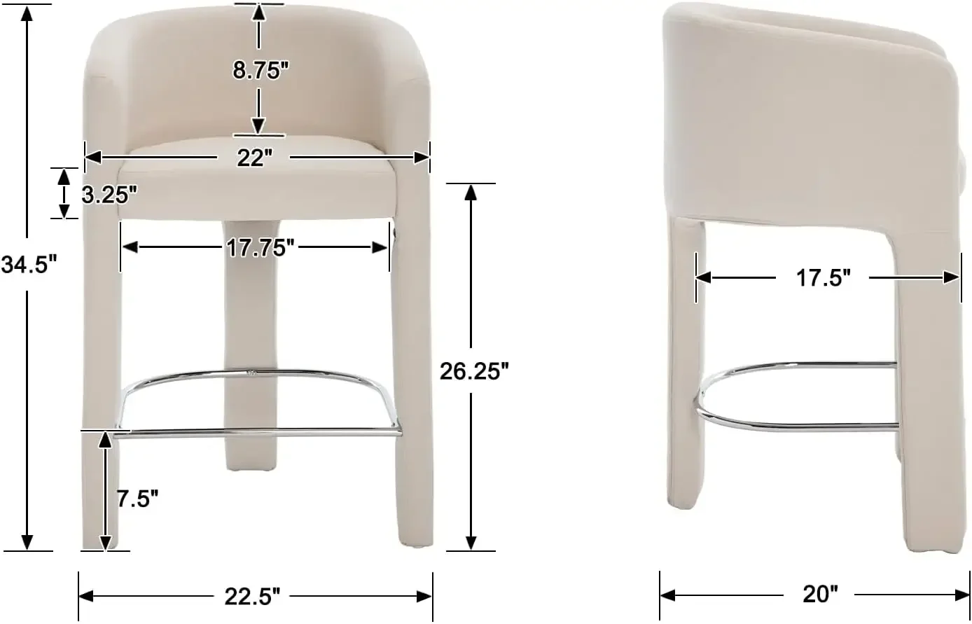 Modern Upholstered Counter Height Bar Stools Set of 2, 26 Inch Linen Bar Stools with Open Back Comfortable Breakfast Bar Chairs