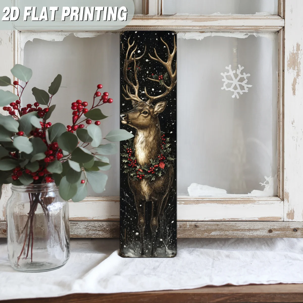 2D flat Single Piece Traditional Winter Deer with Daisy Wreath Metal Sign, Christmas Scene Winter Wonderland Holiday Decor