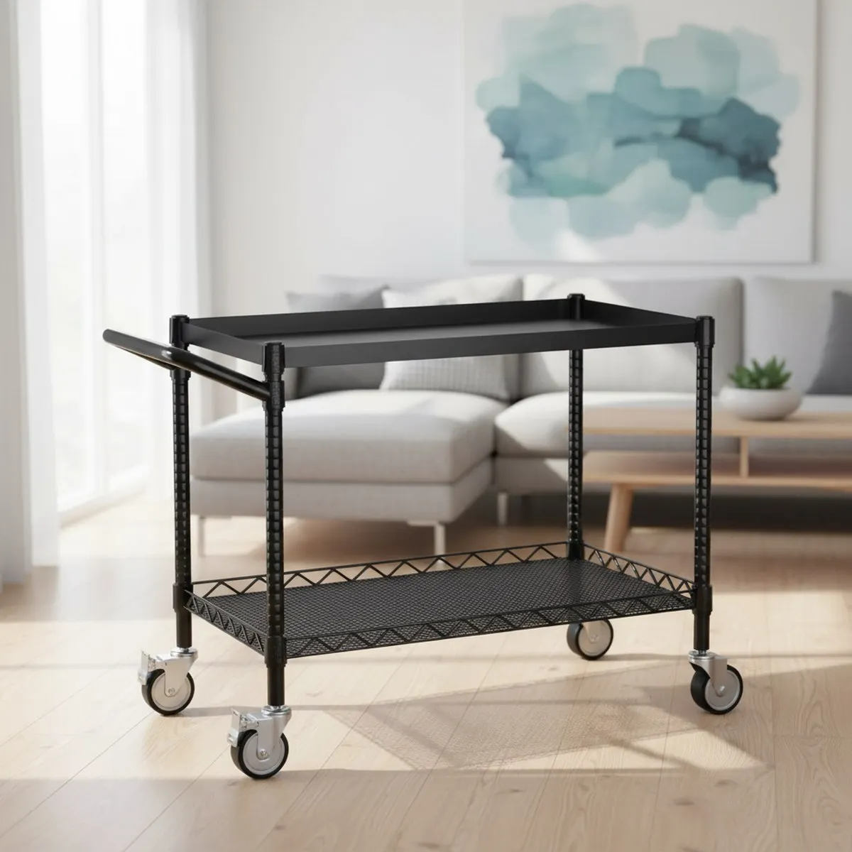 Large 45 Inch 2 Tier Metal Rolling Service Cart with Handle Heavy Duty Storage for Garage Kitchen Warehouse