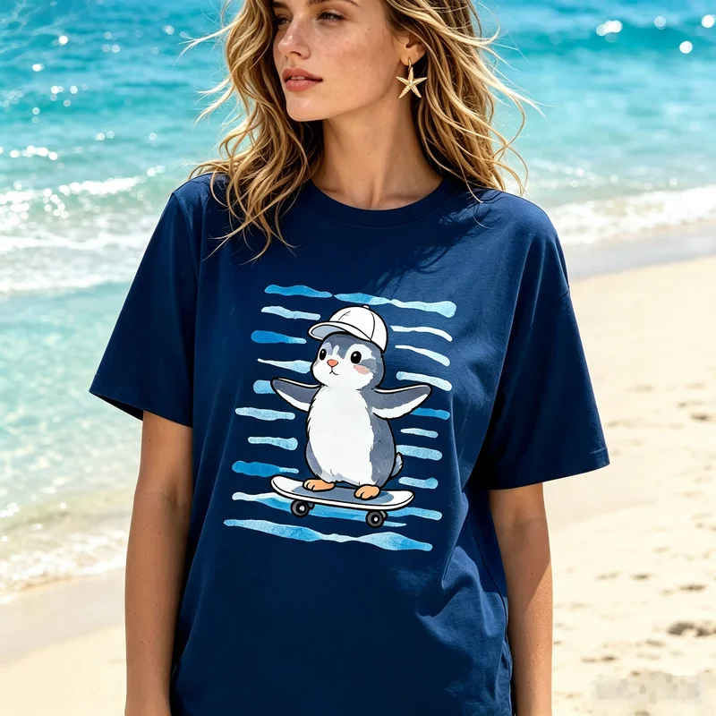 Trendy Skate Penguin Ocean Stripes Watercolor Art T Shirt Navy Premium Cotton Short Sleeve Sea Animal Beach Travel Souvenir Tee