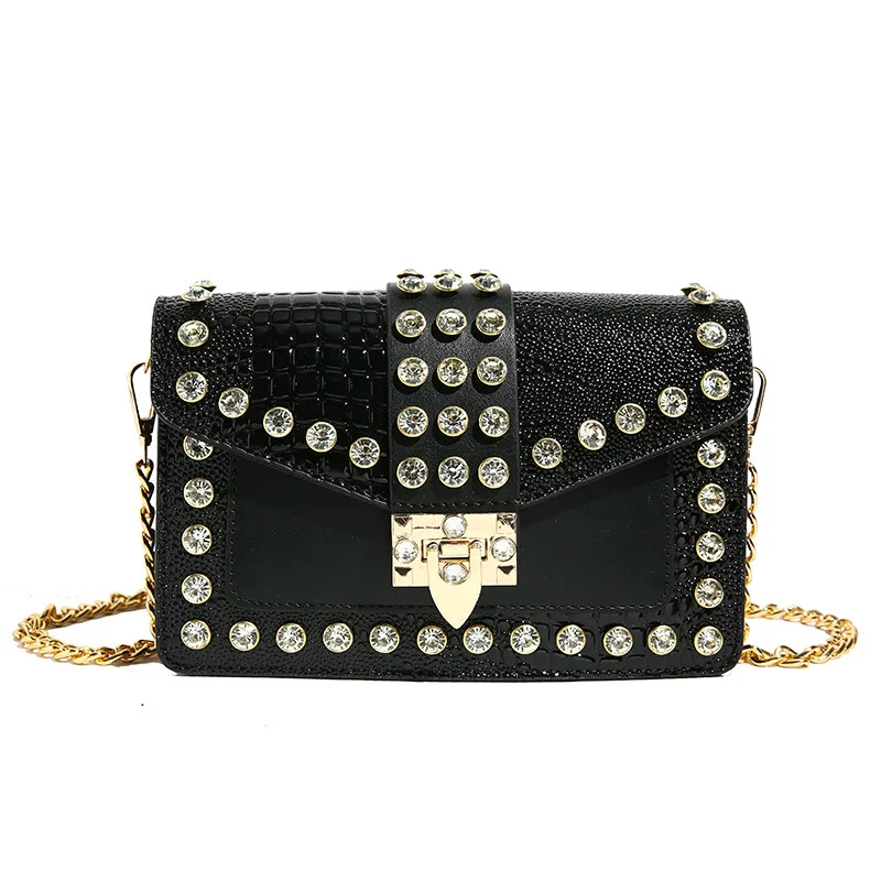 2024 women bag beading PU patchwork crossbody bag punk HIP HOP style square party girls versatile chain shoulder bag