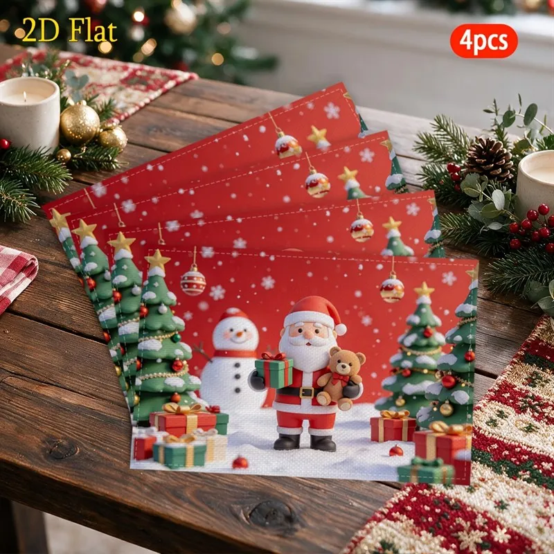 VIKAMA Christmas Linen Placemats, Santa Teddy Bear Snowman Red Scene, Washable Heat Resistant, Festive Dinner