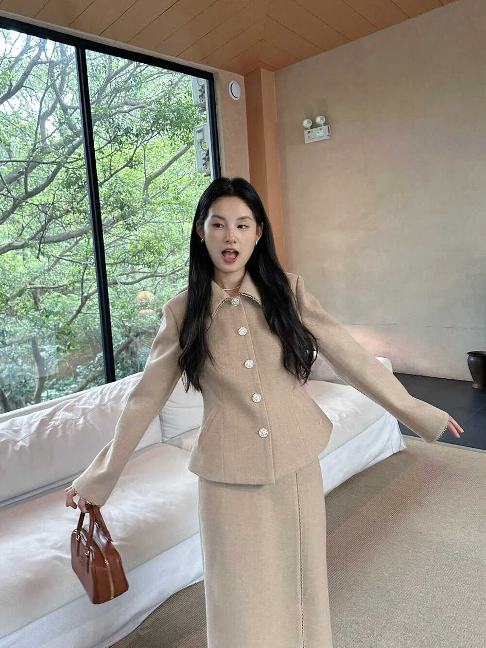 BJTZ Temperament Elegante Revers Top Chic Taste Design Kurze Jacke Für Frau 2025, Herbst Winter Neue Trend Hohe Taille Rock