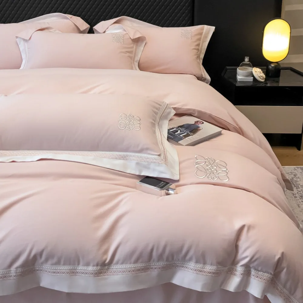 Long-staple Cotton Abraded Four-piece Set Autumn and Winter Embroidered Quilt Cover Flat/Fitted Bed Sheet Pillowcase Bedding Set