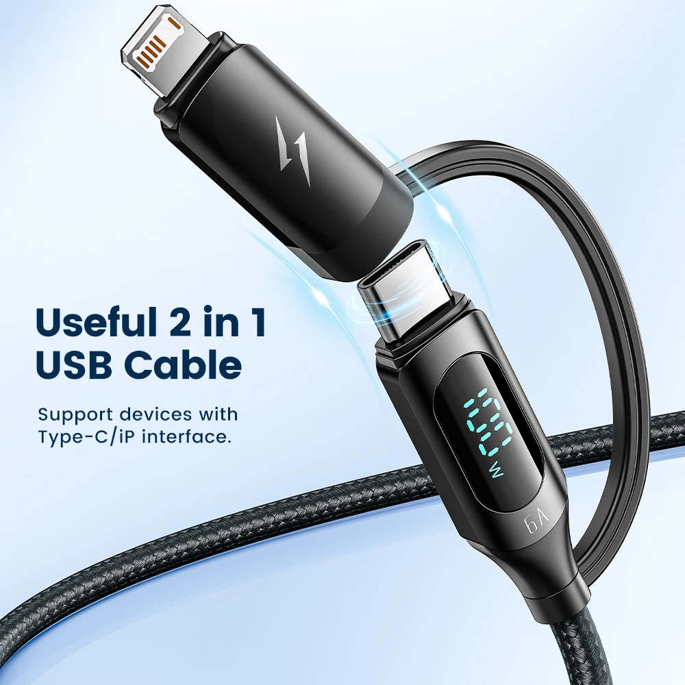 Toocki 2 in 1 USB Cable to iP Wire LED Digital Display 6A/2.4A USB C Cable QC3.0 Fast Charging Data Cord for iPhone 15 14 Xiaomi