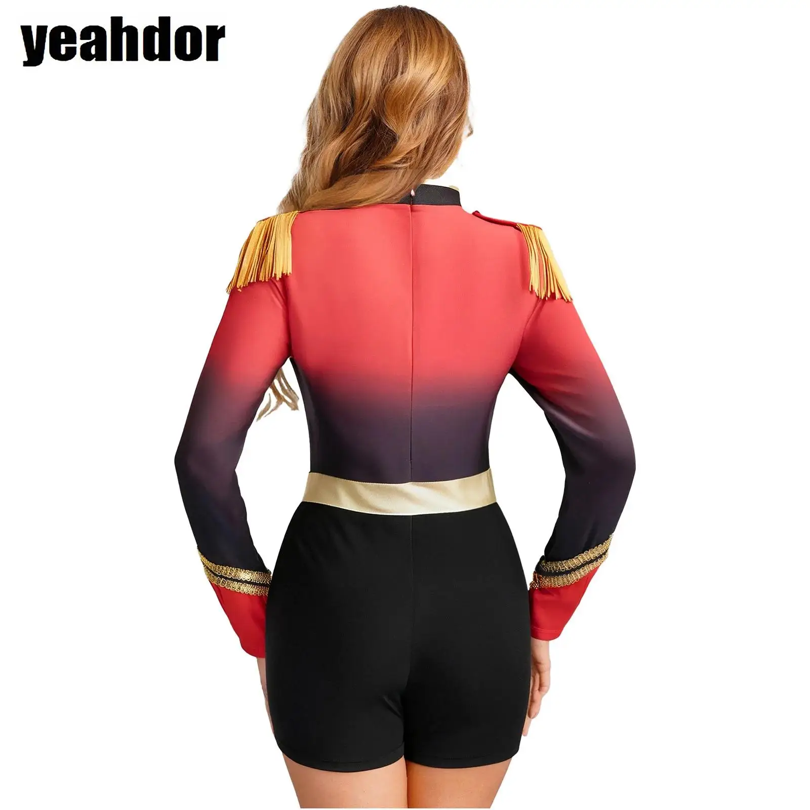 

Women Circus Ringmaster Jumpsuit Gradient Color Long Sleeve Bodysuit Sequin Tassel Epaulet Rompers Halloween Christmas Cosplay