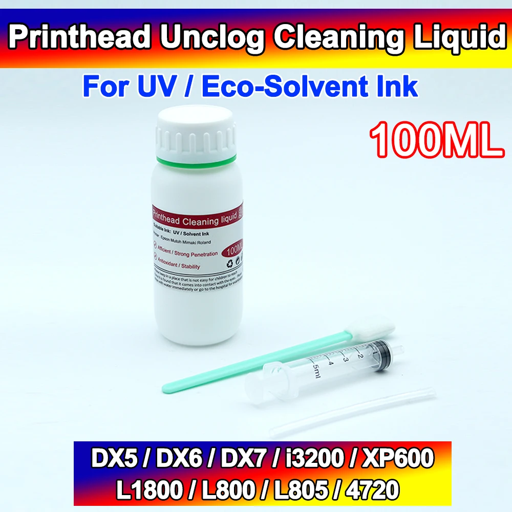 Printhead Unclog Cleaning Liquid 100ML UV Solvent Ink Print Head Repair Clogged DX5 DX6 DX7 i3200 XP600 L1800 L800 L805 4720