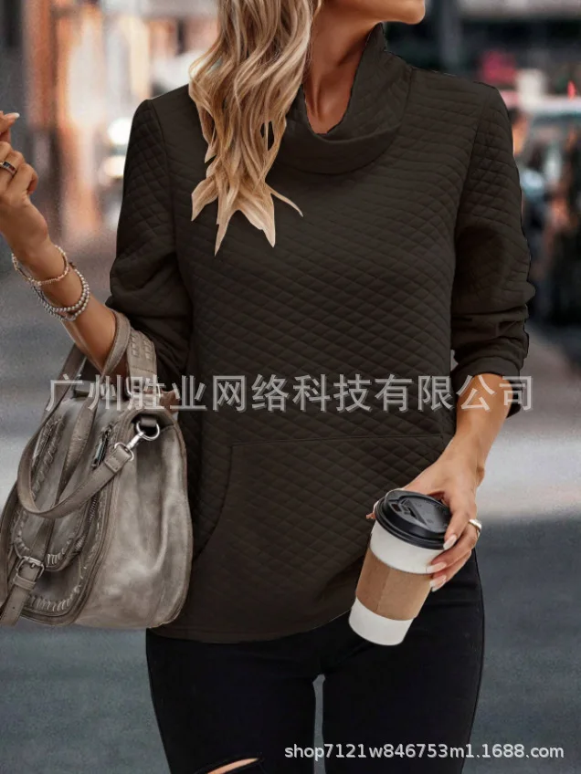 Women's Comfortable Casual 3D Checker Sweater 2023 Autumn/Winter New Long Sleeve Stacked High Neck Solid Color Top