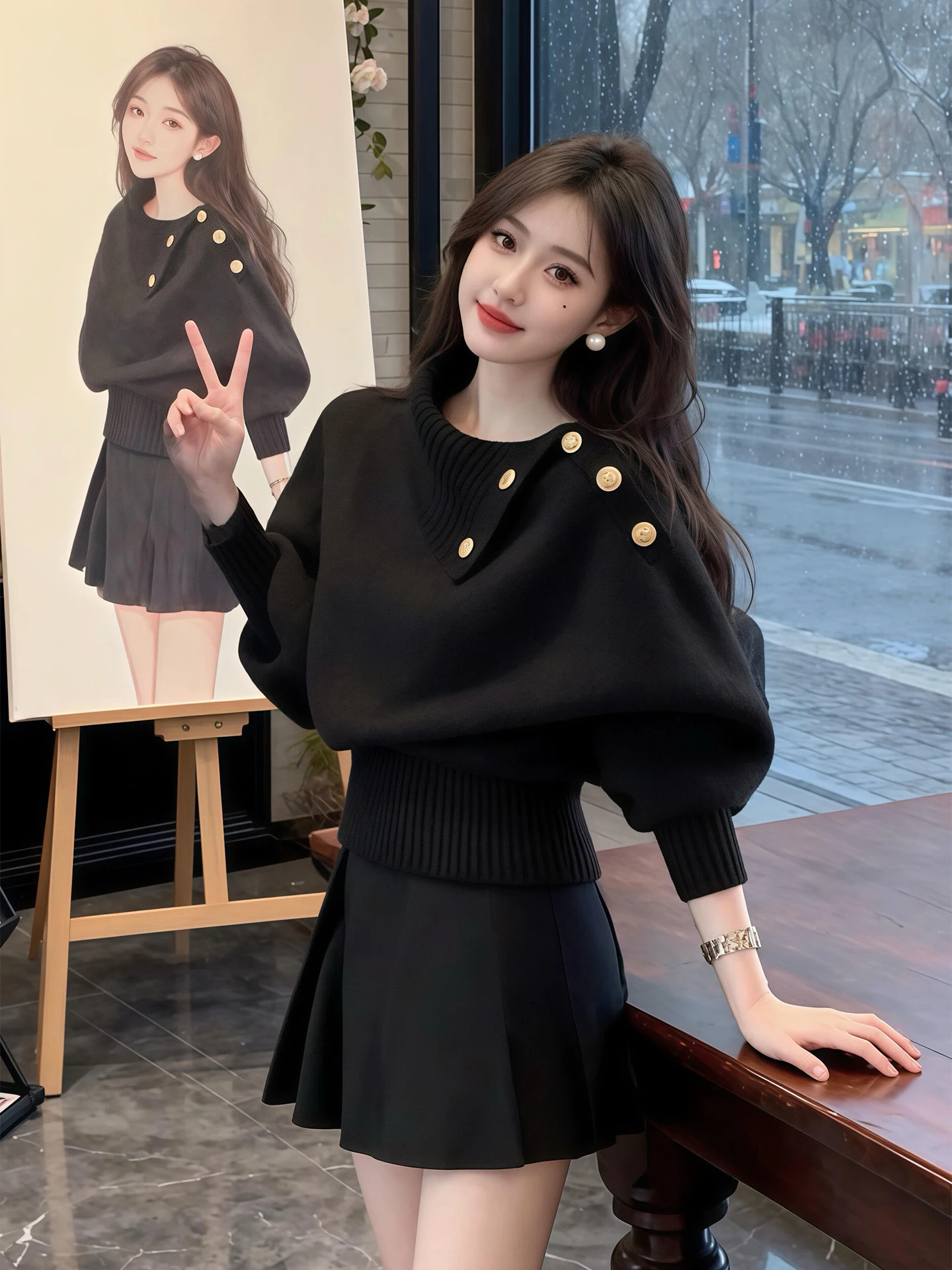 

Stunning Bla Long Sve Knitted irt Women's Early Autumn Beautiful Irregular Top Commute Sle Loose Fit Button Detail