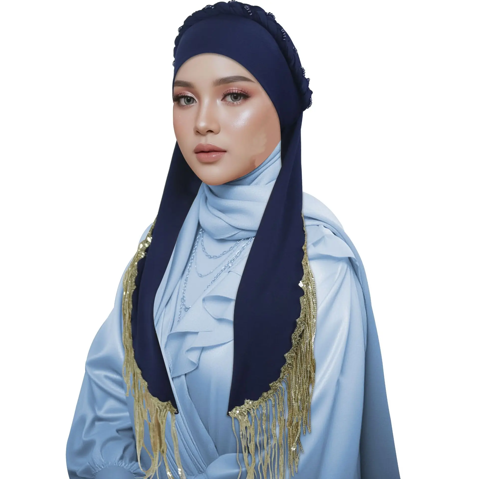 ファッションビーズ編み込みターバンタッセルロングテールボンネット女性ムスリムヒジャブケモキャップヘッドラップバンダナヘッドバンドヘッドスカーフターバンテ